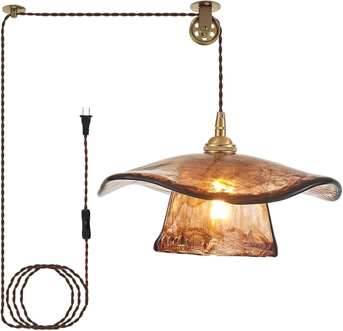 YLONG-ZS Hanging Lights with Plug in Cord,Hanging Lamp Plug in Gold Vintage Glass Pulley Brass Modern Pendant Lights for Kitchen Island,Dining Room, Living Room,Bedroom