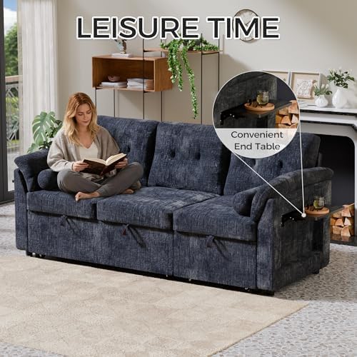 Convertible Sleeper Sofa Bed, 63 Inch Chenille Pull Out Couch with Side Table & Adjustable Backrest, Sectional Sleeper Sofa with Pull Out Bed for Living Room, Apartment, Blue