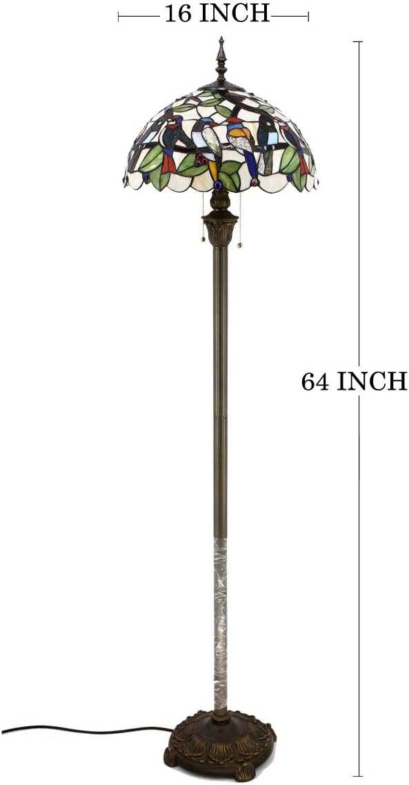 WERFACTORY Tiffany Floor Lamp Double Birds Amber Stained Glass Standing Reading Light 16X16X64 Inches Antique Pole Corner Lamp Decor Bedroom Living Room Home Office S805 Series