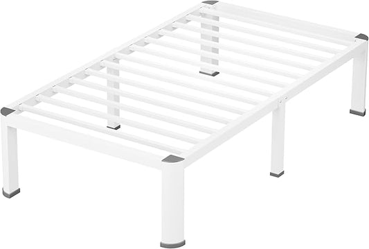 14 Inch White Twin Heavy Duty 3500 lbs Bed Frame with Round-Corner Legs & Anti-Squeak Design – Quick Assembly Metal Platform, No Box Spring Needed