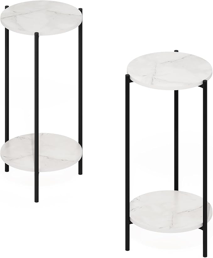 Furinno BESI Side Table Set of 2, 2-Tier Small Round End Table with Metal Legs, Metal Frame Night Stand, Bedside Table with USB and Type-C Charging Port, for Living Room, Bedroom, Marble White
