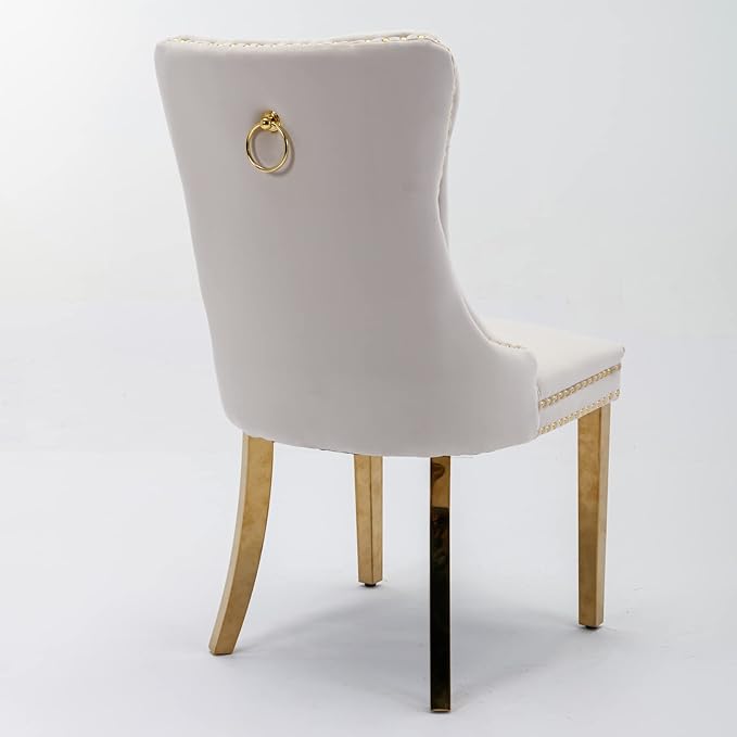 Set of 2 Solid Wood Contemporary Velvet Upholstered Dining Chair with Golden Stainless Steel Plating Legs,Distinction W/Nailhead Trim,for Living Romm,Apartment,Beige and Gold