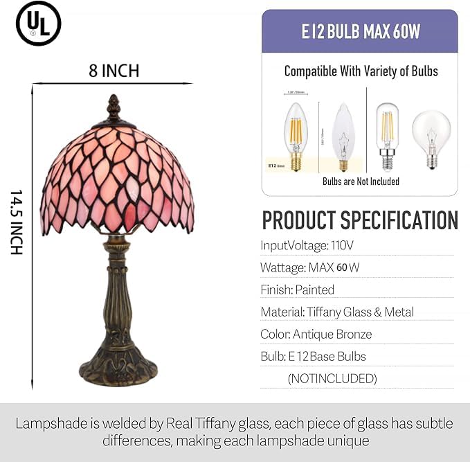 Small Tiffany Lamp Mini Accent Table Lamp Stained Glass Desk Memory Lamp Sympathy 8X14.5 Inch (Pink Wisteria)