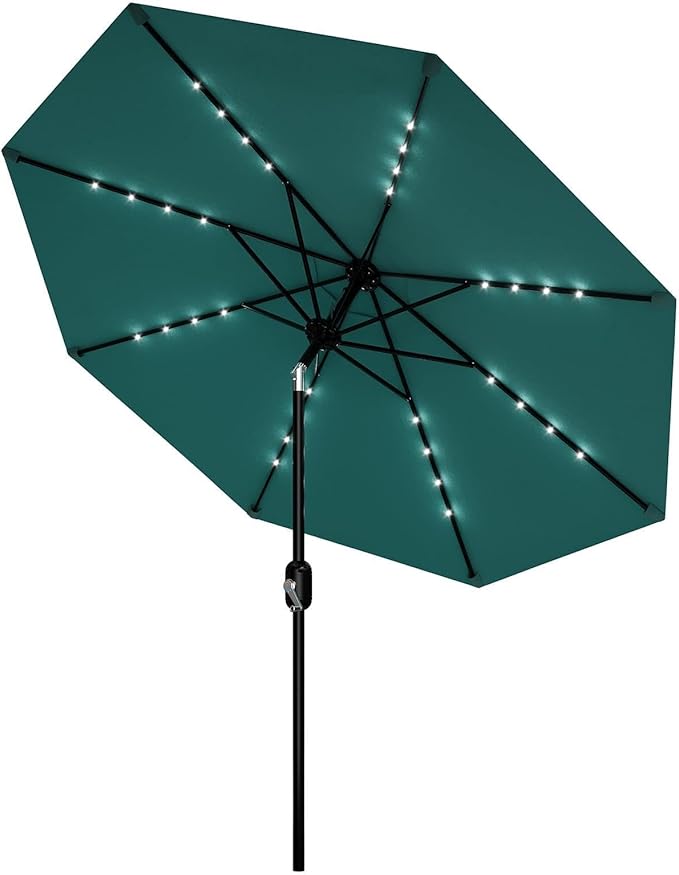Patio Umbrella with Solar Lights, Outdoor Table Umbrella with 8 Durable Ribs, Tilt & Crank Mechanism, Water & UV Protection Sun Shade Umbrella for Garden, Poolside, Backyard (Turquoise, 9 FT)