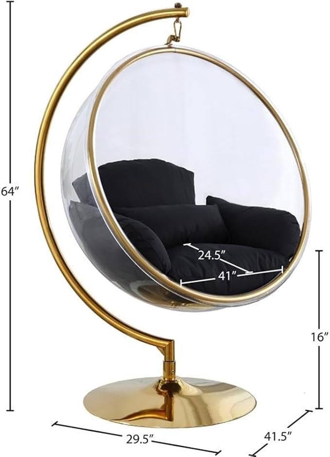 Meridian Furniture 508Black Luna Collection Modern | Contemporary Clear Acrylic Accent Swing Chair with Durable Metal Base and Fabric Seat, Black, Gold Finish, 41.5" W x 29.5" D x 64" H