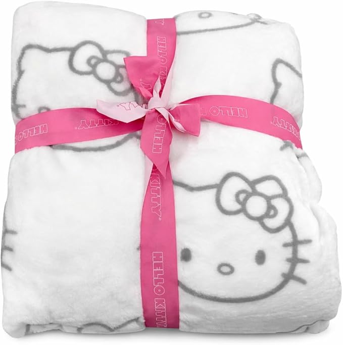 Jay Franco & Sons, Inc. Hello Kitty Plush Throw Blanket, White - Gray Hello Kitty Faces, Full/Queen