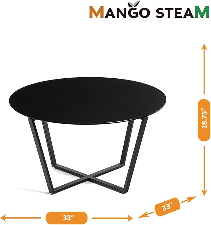Mango Steam Round Metro Glass Coffee Table for Living Room & Dining Room - Black Top/Black Base