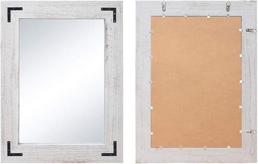 YOSHOOT Rustic Wooden Framed Wall Mirror, Natural Wood Bathroom Vanity Mirror for Farmhouse Decor, Vertical or Horizontal Hanging (26" x 18", White Grey)