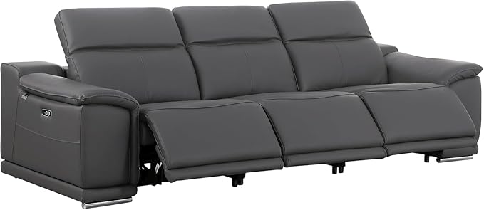 BlackJack Furniture Venice Top Grain Italian Leather Power Recline 3 Piece Sofa - 107" Theater Seating Modern Couch for Living Room Apartment Home with Adjustable Headrests & USB Port, Dark Grey