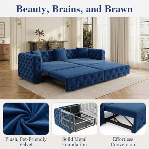 89" 4-Seater Queen Size Pull Out Sofa Bed with 3 Pillows, Blue