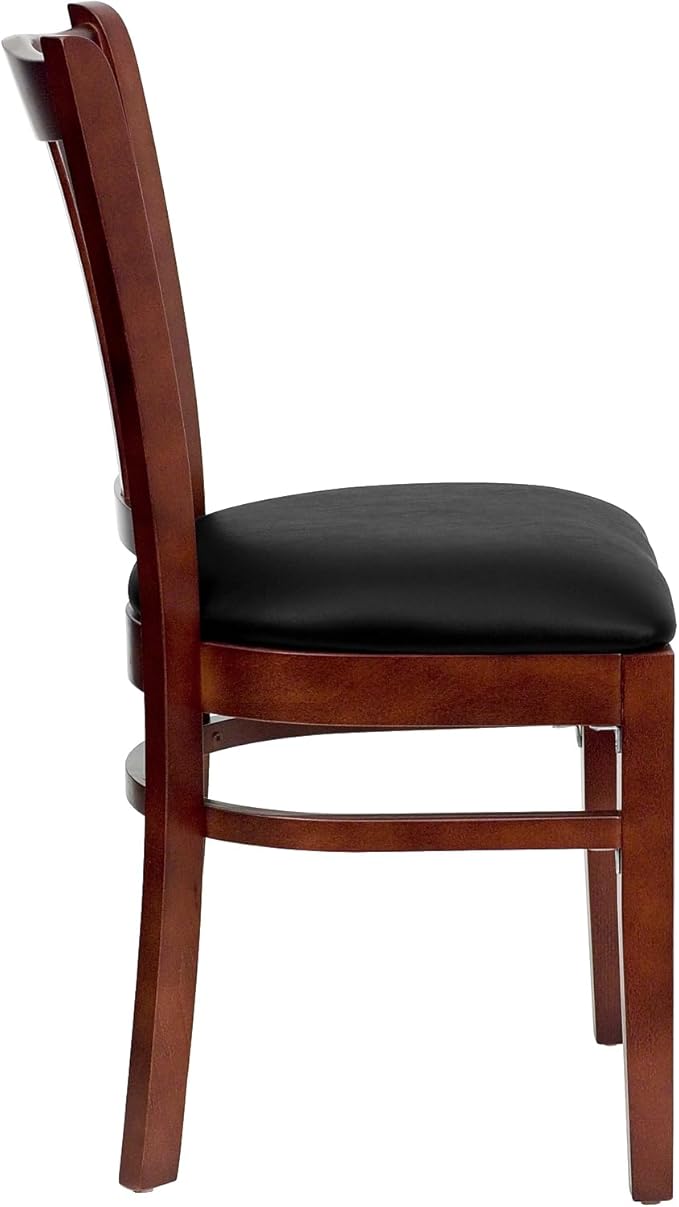 Flash Furniture HERCULES Series Vertical Slat Back Mahogany Wood Restaurant Chair - Black Vinyl Seat