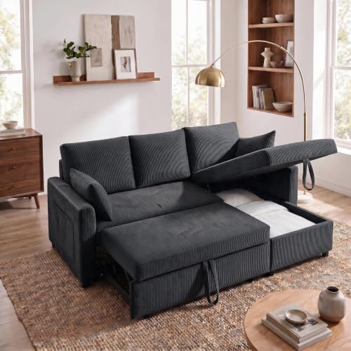 85" 3 Seats Sectional Sleeper Sofa with 3 in 1 Pull Out Bed, Black