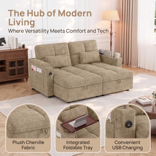 Convertible Sectional Sofa Bed with Storage, Tray & USB Port, Khaki