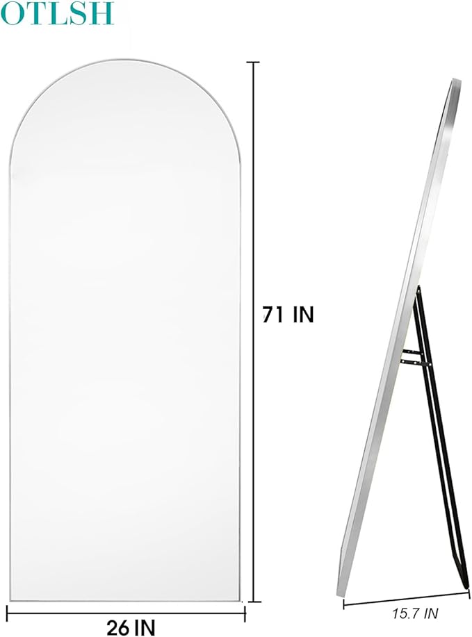 Full Length Arched Floor Mirror, 71"26" With Stand, Full Body, Large, Wall, Freestanding, Oversized, Aluminum Frame - Silver