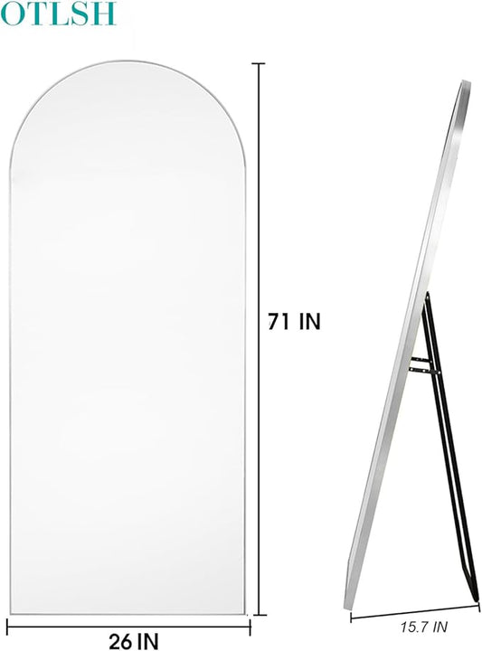 Full Length Arched Floor Mirror, 71"26" With Stand, Full Body, Large, Wall, Freestanding, Oversized, Aluminum Frame - Silver