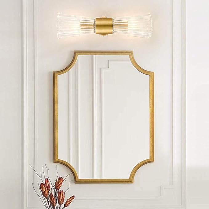 Mid-Century Modern Wall Lights with Crystal Glass Shade, 2-Light Glass Bathroom Vanitys Lights Gold Wall Sconces, Indoor Up Down Wall Mounted Lamps for Living Bedroom Hallway Hardwired