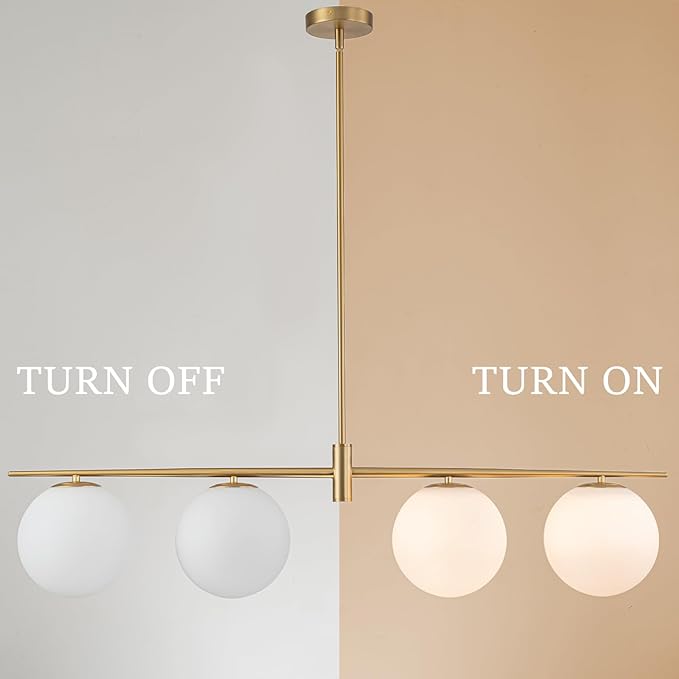 45.3" Modern Linear Chandelier 4-Lights Milk Glass Globe Linear Pendant Light Fixture Brushed Gold Mid Century Chandelier Kitchen Island Dining Room Light Fixture Over Table