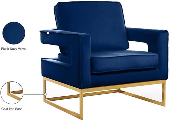 Meridian Furniture Noah Collection Modern | Contemporary Velvet Upholstered Accent Chair with Durable Stainless Steel Base, Navy, Gold Base