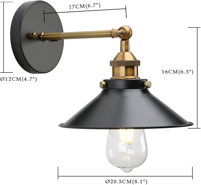 Phansthy Industrial Wall Sconce Vintage Style 1-Light Sconce 8.1 Inches / 20.5 cm Diameter Metal Light Shade (Antique)