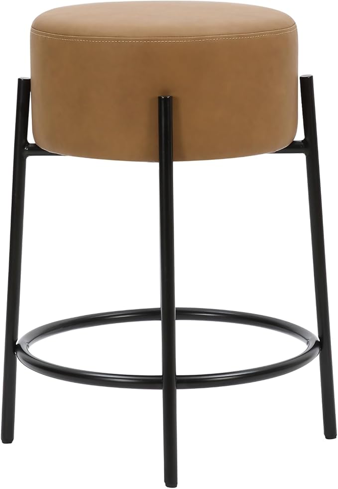 Nathan James Isaac 24" Modern Backless Bar Stool with Round Soft Padded Upholstered Seat and Metal Mid-Century Base, PU Light Brown/Black