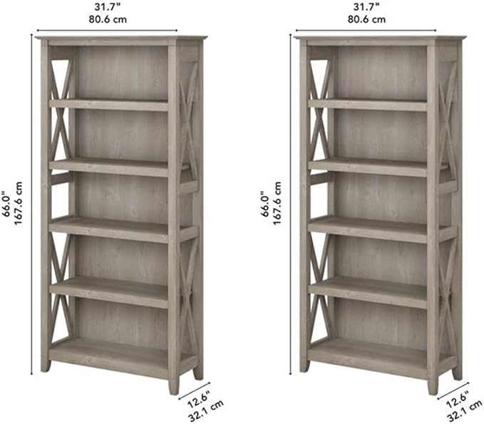Bush Home Key West 5 Shelf Bookcase - Set of 2 | Tall Bookshelves in Washed Gray | Sturdy Display Shelves for Library, Living Room, and Home Office