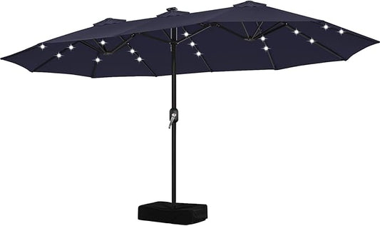 ABCCANOPY 15ft Umbrella Outdoor Patio Solar Lights with Base, Outdoor Double-Sided Rectangle Umbrella for Poolside, Lawn, Backyard (Navy Blue)