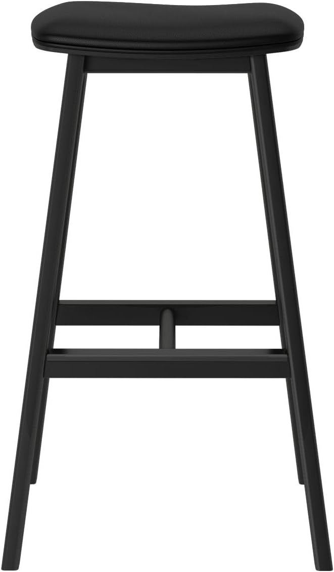 Plank+Beam Beryl Bar Height Stool - Mid-Century Modern Rubberwood Bar Stool with Faux Leather Seat, Metal Footrest, Easy Assembly, 4-Pack, Black/Black