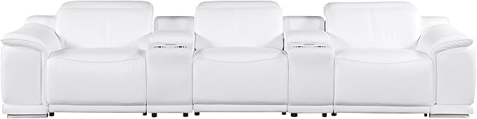 BlackJack Furniture Venice Top Grain Italian Leather Power Recline 8 Piece 5 Seater Sofa - 134" Theater Seating Modern Couch for Living Room Apartment with Adjustable Headrests & USB Port, White