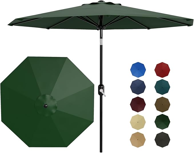 Garvee 9FT Patio Umbrella - Outdoor Table Umbrella with Crank Lift & Push Button Tilt - Market Umbrella 8 Sturdy Ribs UV Protection for Pool, Deck, Yard, Garden - Dark Green