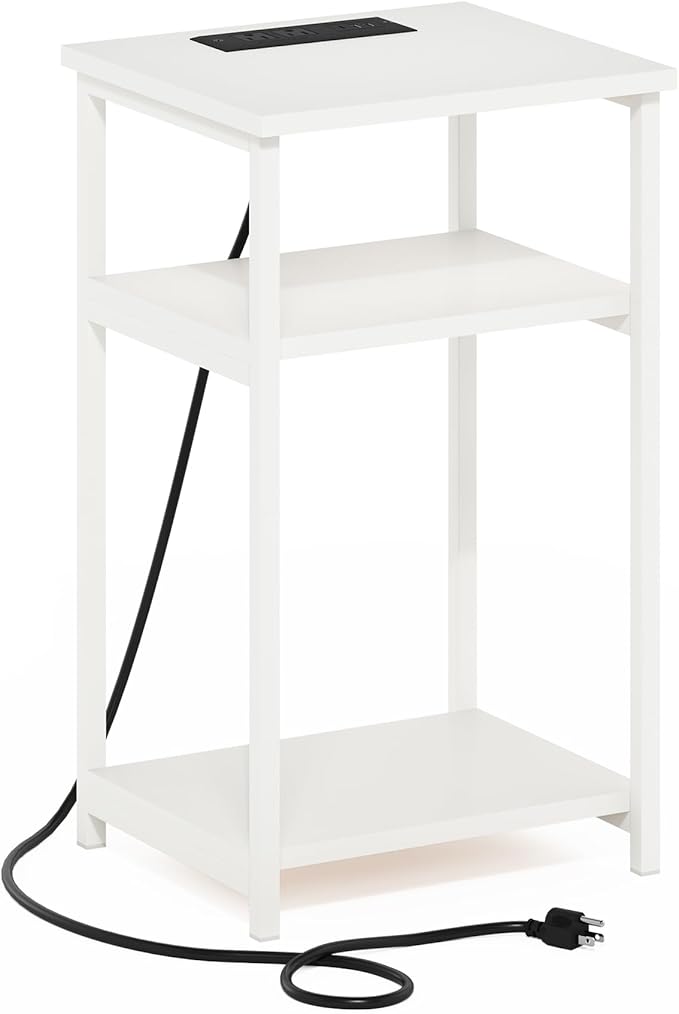 Furinno Moretti Side Table, 3-Tier Modern End Table with Charging Station, Metal Frame Night Stand, Bedside Table with USB and Type-C Charging Port, for Living Room, Bedroom, White