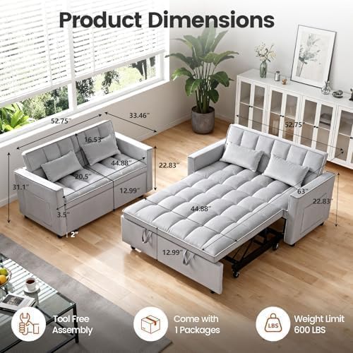 Sleeper Sofa Bed with Adjustable Backrest & Side Pockets, Gray
