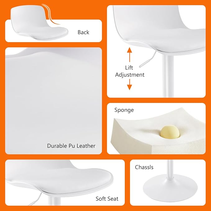Kidol & Shellder Bar Stools Set of 6 Adjustable Counter Height Stools Modern PU Leather Swivel with Back Barstools Upholstered Kitchen Island Chairs（White）