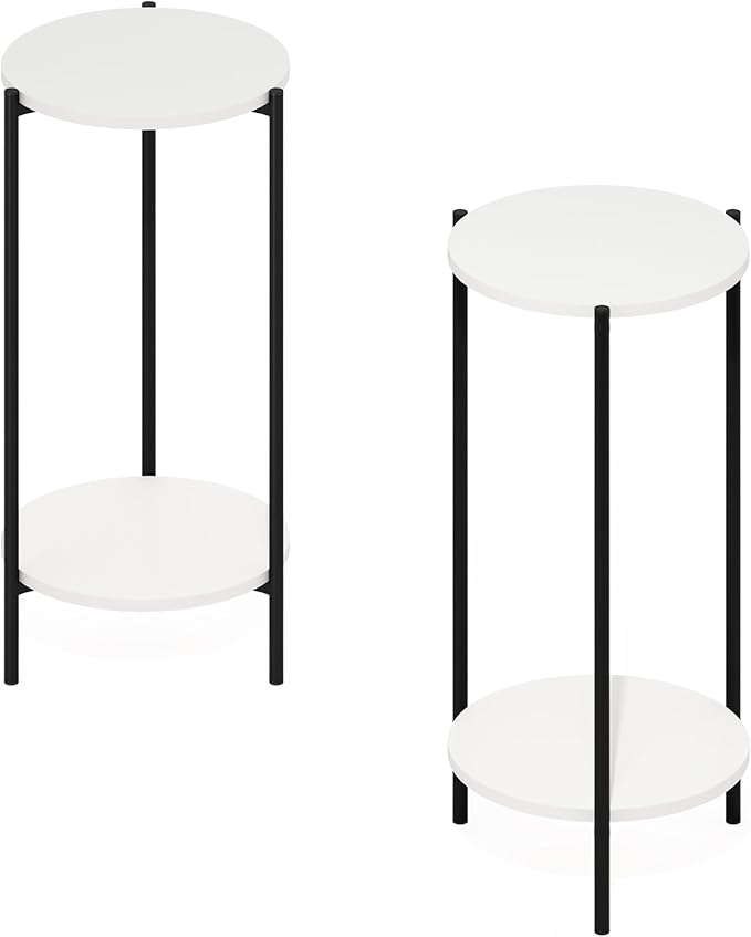 Furinno BESI Side Table Set of 2, 2-Tier Small Round End Table with Metal Legs, Night Stand, Bedside Table, Easy Assembly, for Living Room, Bedroom, White