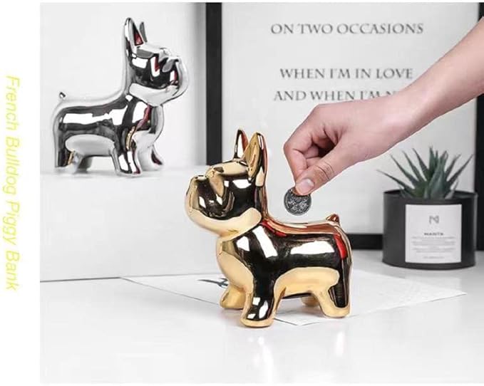 Ceramic Frenchie Decor with Non-Slip Pad, Decorative Coin Piggy Bank, French Bulldog Statue Decor, Gold Dog Decor, Bookshelf Decorative Objects for Bedroom, Coffee Table Decor Items