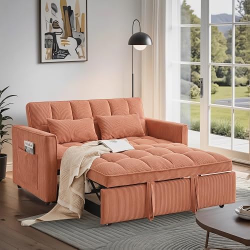 54" Convertible Pull Out Sofa Bed with Adjustable Backrest, Orange