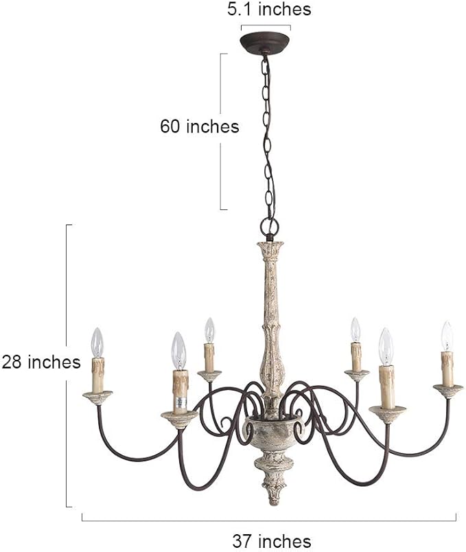 LALUZ Farmhouse Chandelier, French Country Chandelier for Dining Room, White Distressed Wood, 37” L x 28” H
