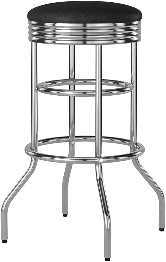 Trinity Heavy Duty 30-Inch Backless Swivel Bar Stool for Kitchen, Garage, or Workshop, Chrome Finish with Faux Leather Seat, 1 Pack Pre-Assembled, Black