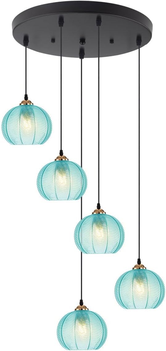 Globe Chandelier for High Ceilings 5 Light Blue Glass Cluster Pendant Light Vintage Stairwell Chandelier Lighting Adjustable Long Pendant Light for Foyer Entryway Spiral Stairwell
