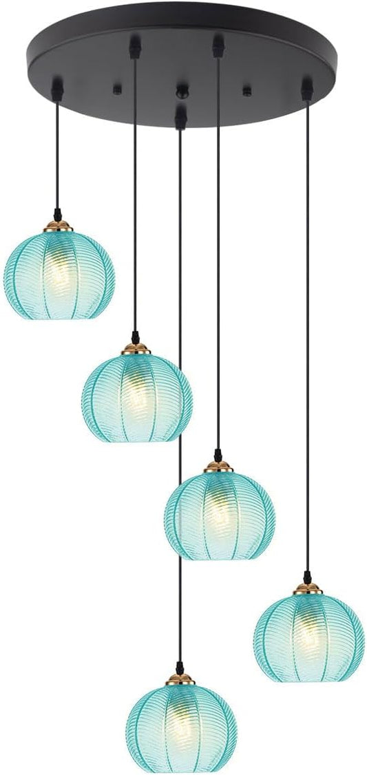 Globe Chandelier for High Ceilings 5 Light Blue Glass Cluster Pendant Light Vintage Stairwell Chandelier Lighting Adjustable Long Pendant Light for Foyer Entryway Spiral Stairwell