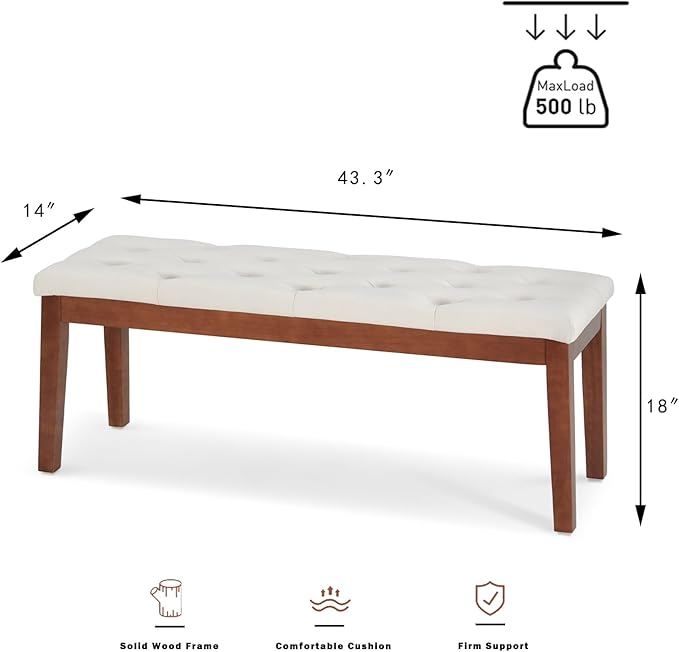 Ottoman Bench Upholstered Padded Seat with Solid Wood Legs and Button-Tufted, Linen Cream