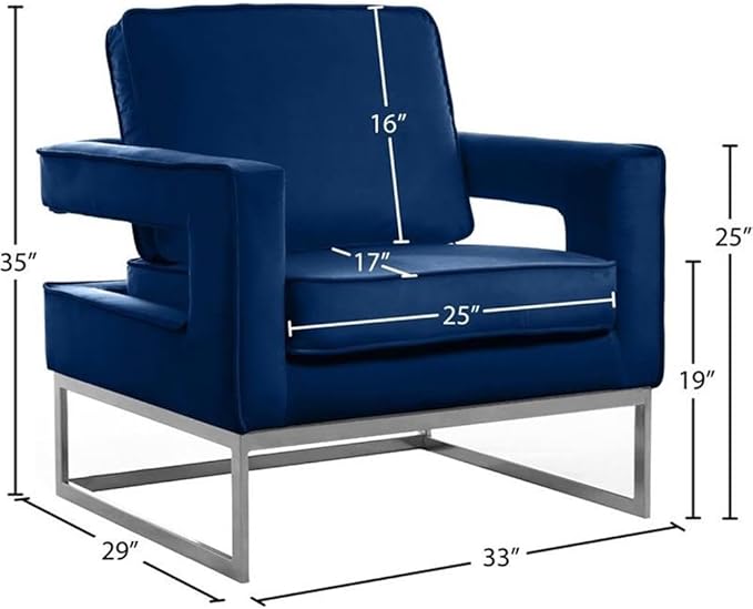 Meridian Furniture Noah Collection Modern | Contemporary Velvet Upholstered Accent Chair with Durable Stainless Steel Base, Navy, Chrome Base