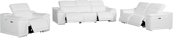 BlackJack Furniture Venice Top Grain Italian Leather Recliner 6 Seater 5 Power 3 Piece Sofa Set with Adjustable Headrests Modern Luxury Seating Sofa, Loveseat and Chair for Living Room Lounge, White