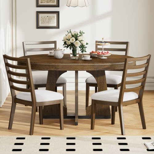 Bellemave Extendable Dining Table Set with 4 Upholstered Chairs, 5-Piece Round Kitchen Table Set with Removable Middle Leaf for Kitchen, Dining Room (Walnut)