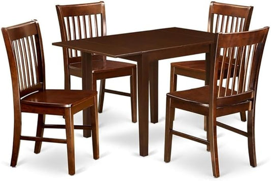 East West Furniture NDNO5-MAH-W 5 Piece Dining Room Table Set Includes a Rectangle Dining Table with Dropleaf and 4 Wood Seat Chairs, 30x48 Inch, Mahogany