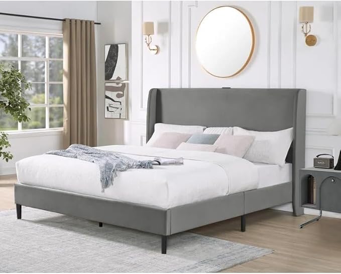 GTPLAYER King Size Bed Frame, Upholstered Platform Bed Frame with USB Type-C Tall Headboard Wingback, Soft Velvet Fabric, No Box Spring Needed, Easy Assembly, Grey