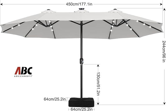 ABCCANOPY 15ft Umbrella Outdoor Patio Solar Lights with Base, Outdoor Double-Sided Rectangle Umbrella for Poolside, Lawn, Backyard (Light Gray)
