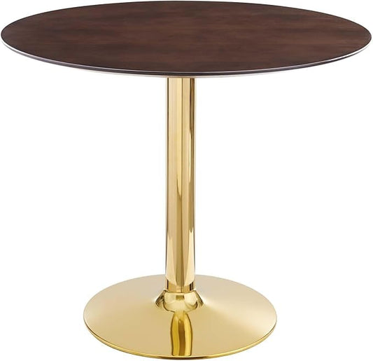 Modway Verne Round Wood Grain 35" Dining Table in Gold Cherry Walnut