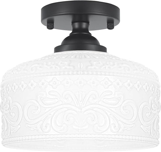 Artistic Black Handcrafted Semi Flush Mount Ceiling Light - 9.45 Inch Vintage White Glass Shade with Etched Patterns, Easy Install, Small Ceiling Light Fixture for Hallway, Kitchen, Bedroom