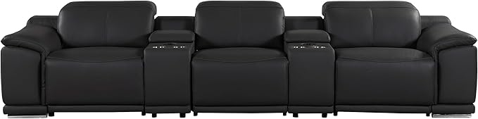 BlackJack Furniture Venice Top Grain Italian Leather Power Recline 8 Piece 5 Seater Sofa - 134" Theater Seating Modern Couch for Living Room Apartment with Adjustable Headrests & USB Port, Black