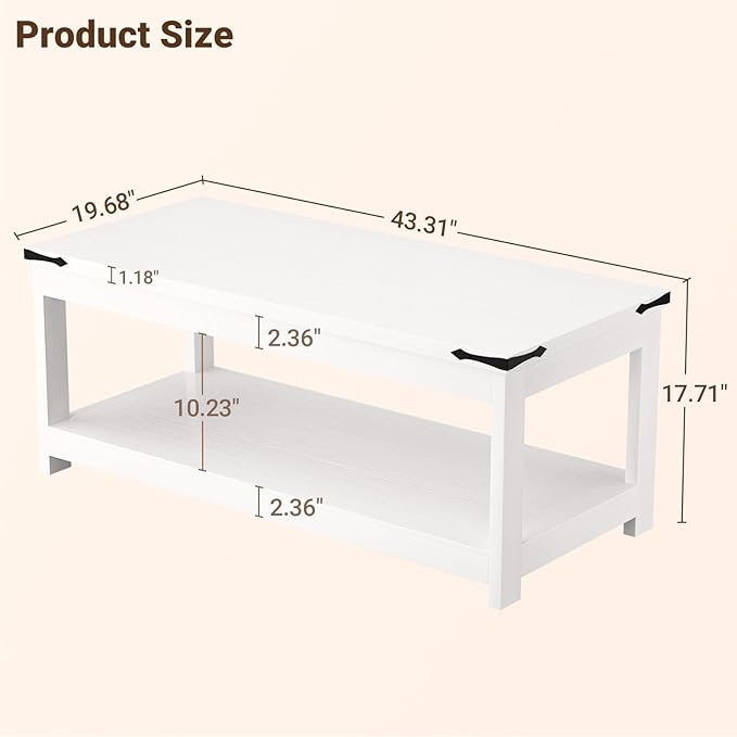 Homieasy Coffee Table with Storage Shelf, 43.3” Farmhouse Wood Coffee Tables for Living Room, Modern Center Tea Table, White